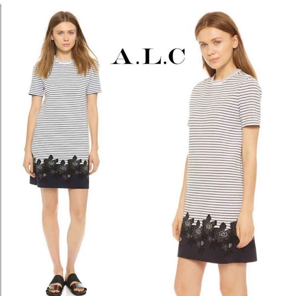 A.L.C Women's Striped Short Sleeve Round Neck Shift Dress Black White Size Small